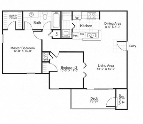 Floor plan for 2 beds, 1 bath, 926 sqft